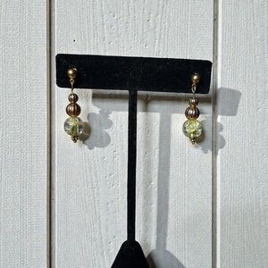 Chic Green Crackle Bead Earrings with Gold & Copper Accents